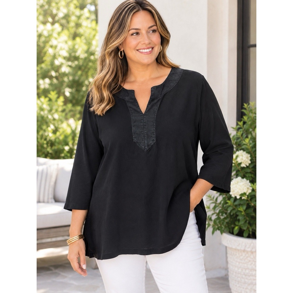 Lauren Ralph Lauren Tunic Top Womens 3X Black Cotton Split Neck 3/4 Sleeve